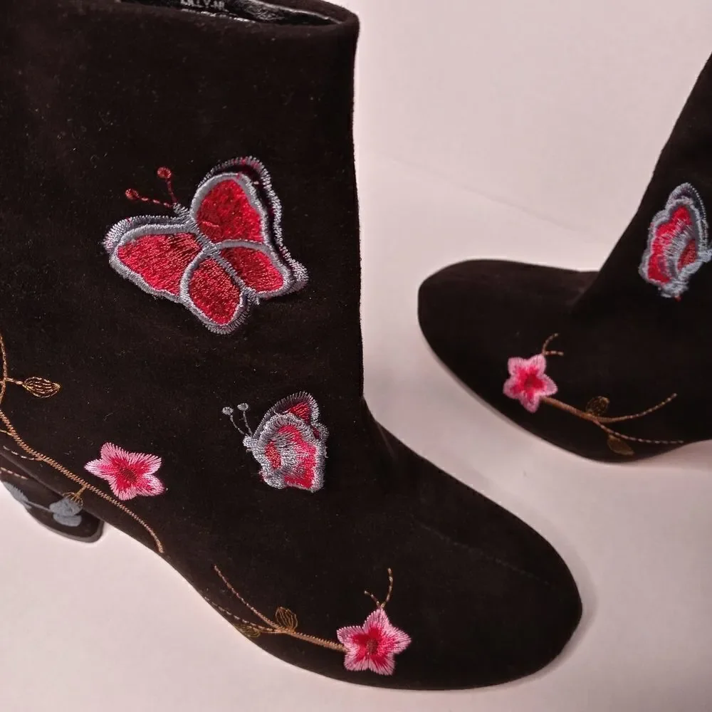 Nanette Lepore Black Suede Embroidered Lilly Ankle